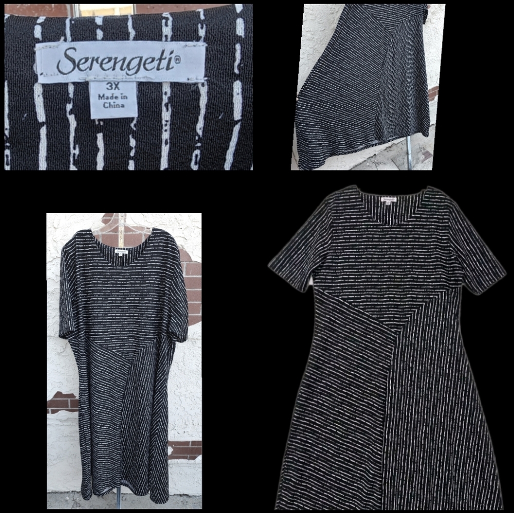 3X Serengeti spliced stripe dress fit & flare midi black white short sleeve